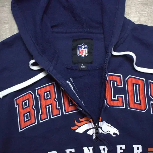 Denver Broncos Football Full Zip Mens NFL Hoodie Size L G-III Blue Stitched - Picture 3 of 5